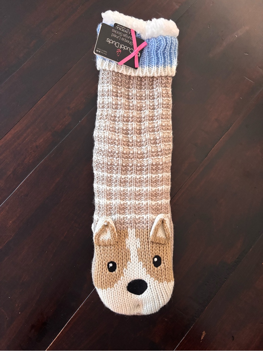 Cuddl Duds Womens Slippers Socks Womens Sherpa Lined Face Eyes Lounge Dog Brown